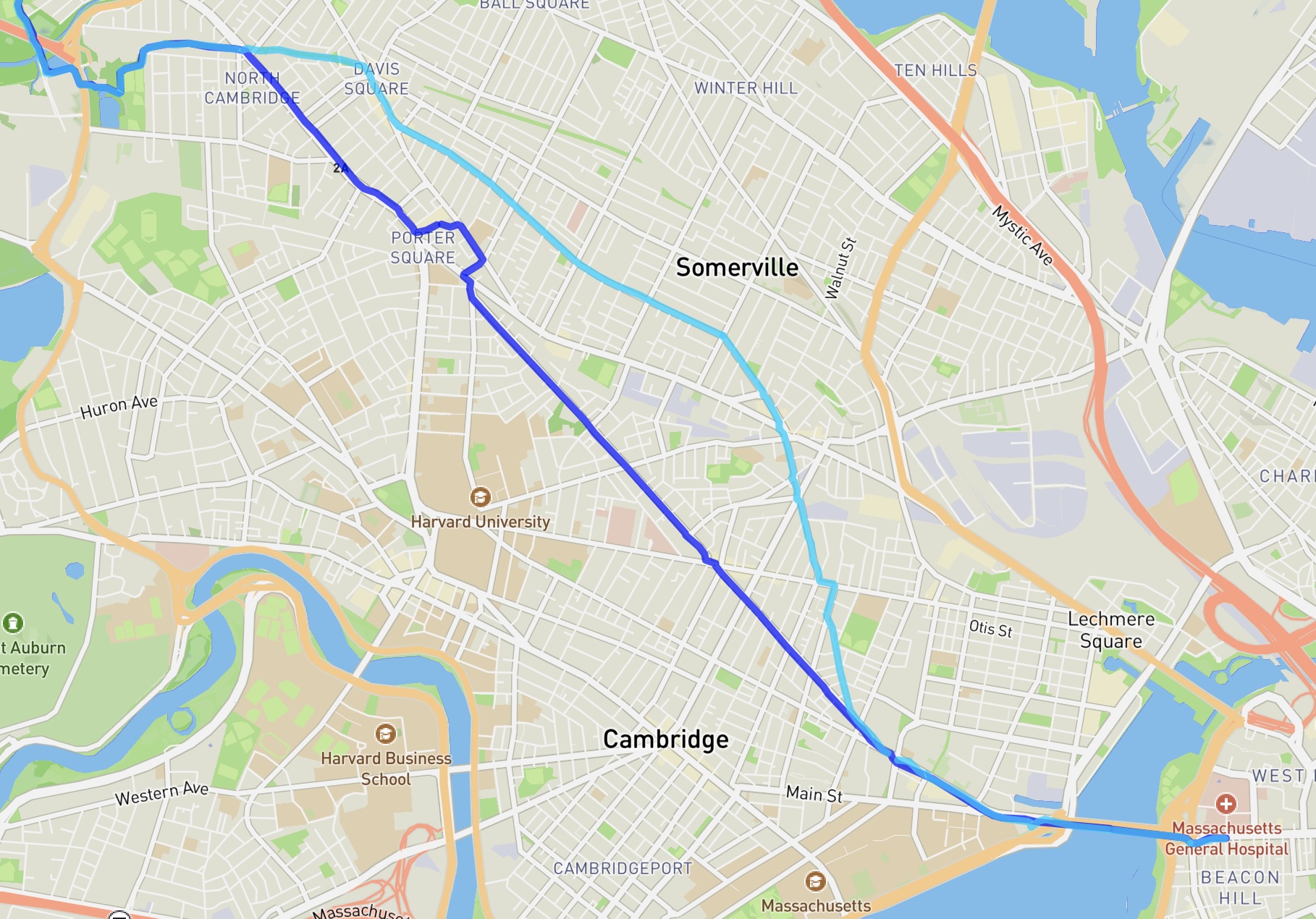 A map of two routes through Somerville and Cambridge