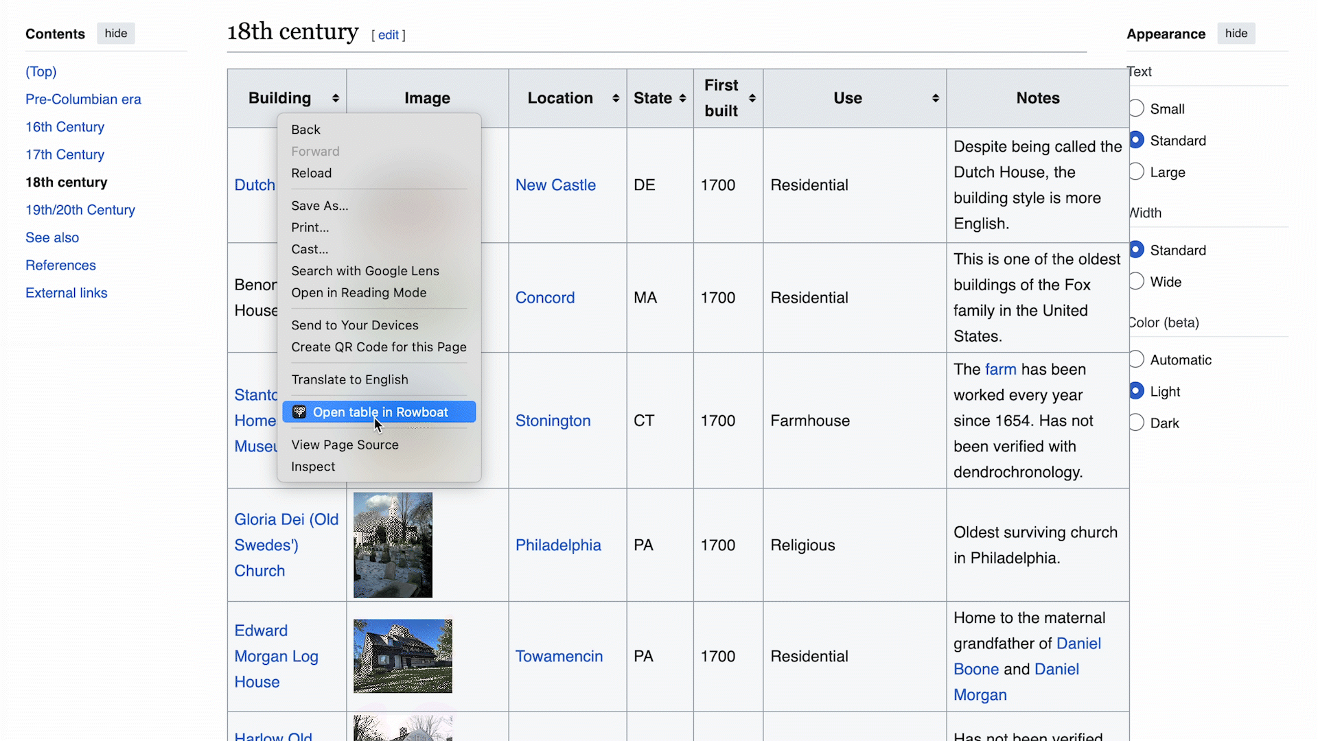 Right-clicking to open a Wikipedia table about 18th-century buildings in Rowboat.